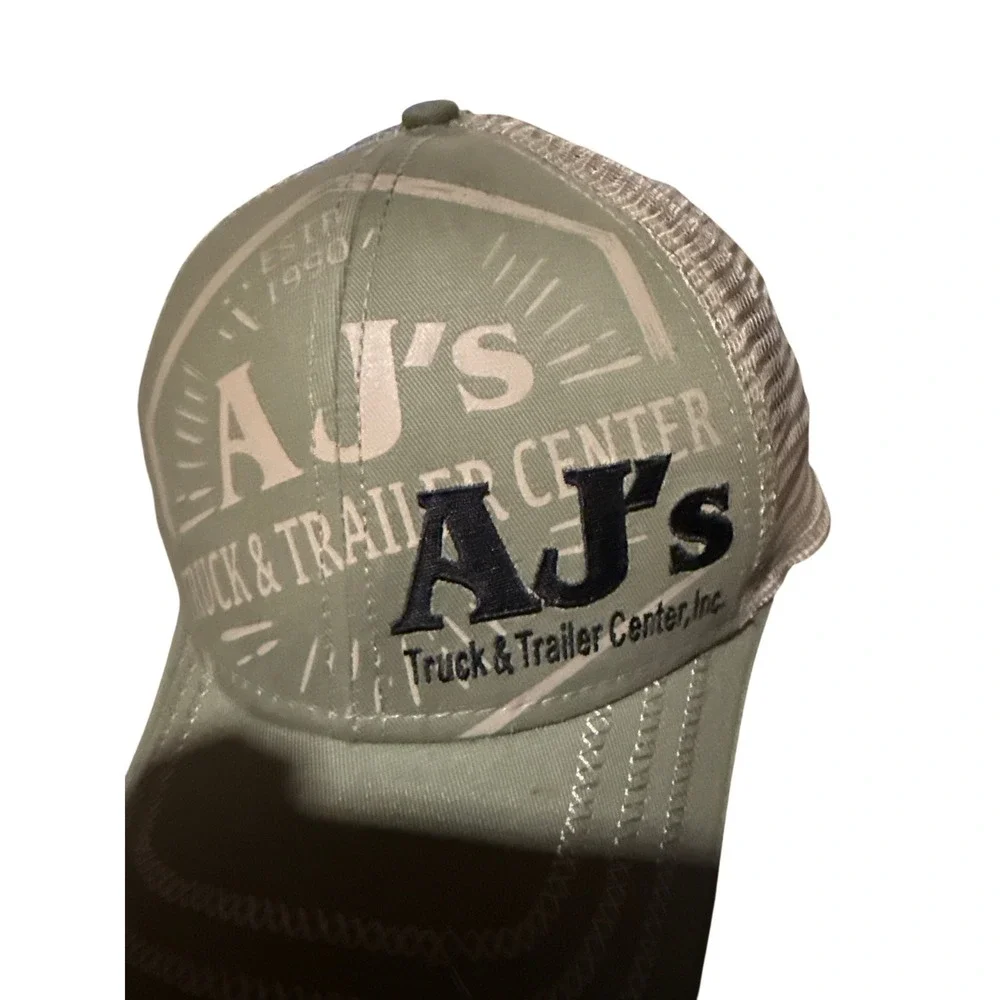 AJs Truck & Trailer Center Tan Mesh Back Trucker Hat Snapback Cap Vintage Style